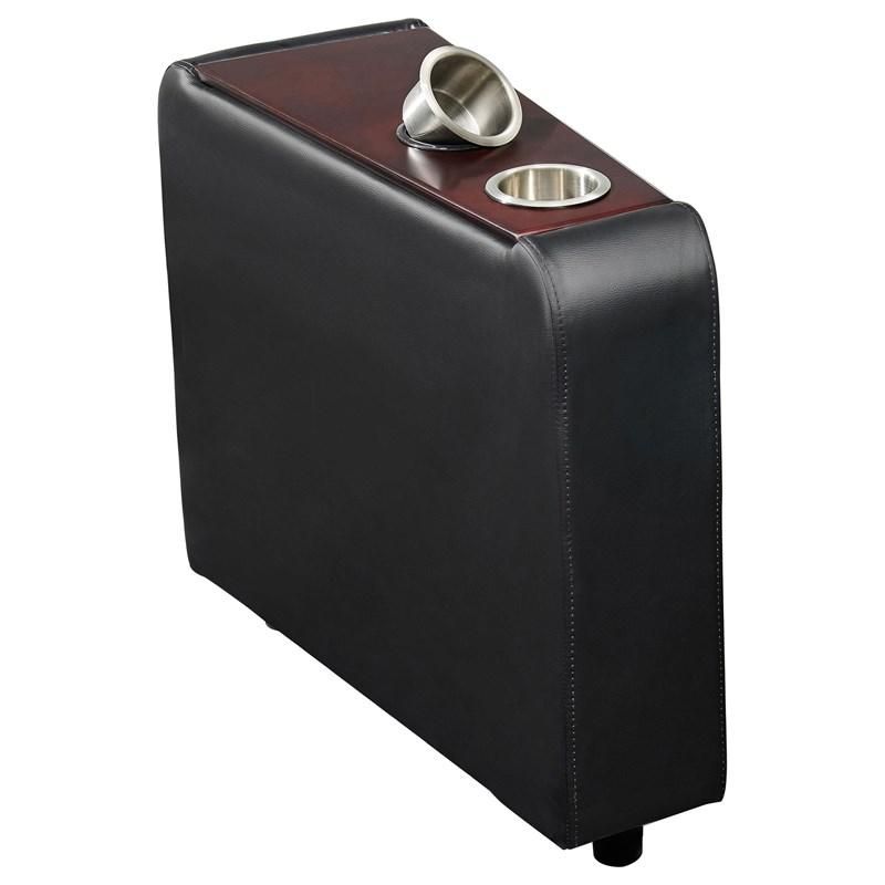 A black leather arm rest with two cup holders on it