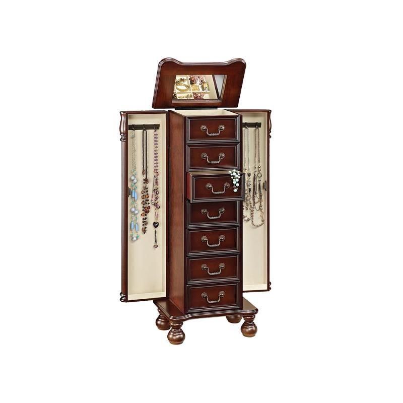 A wooden jewelry box with drawers and a mirror