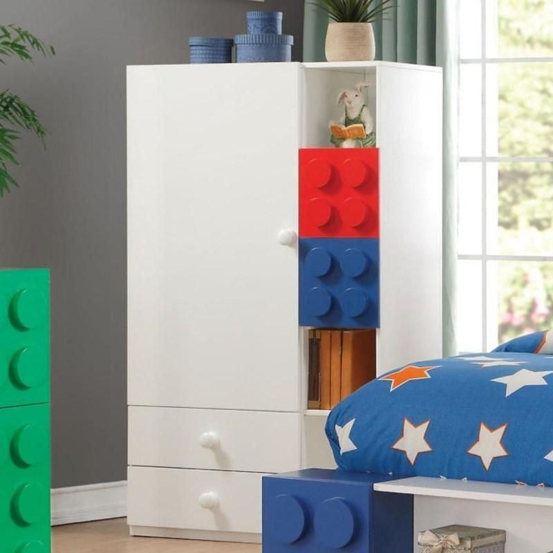 A bedroom with a bed and a wardrobe made of lego bricks