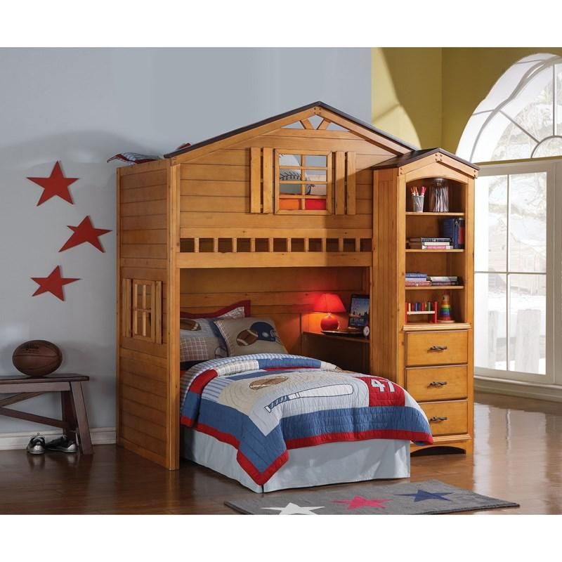 A bedroom with a bunk bed that looks like a house