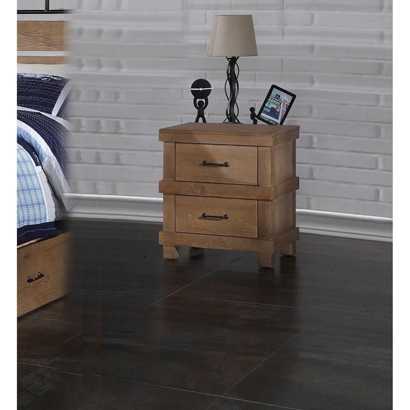 A nightstand with two drawers and a lamp in a bedroom