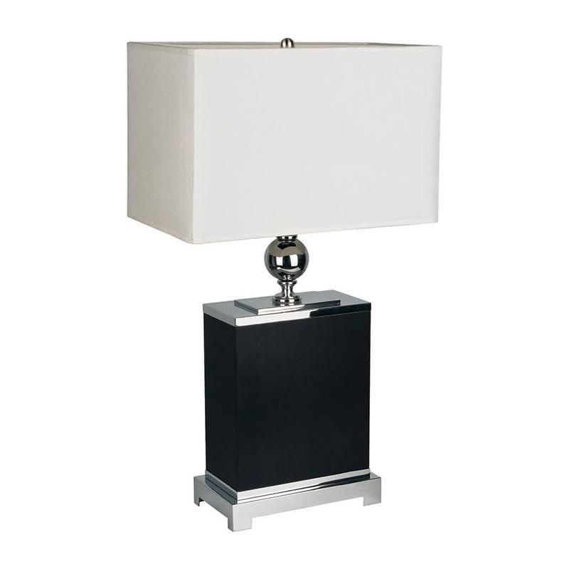 A black table lamp with a white shade on a white background.