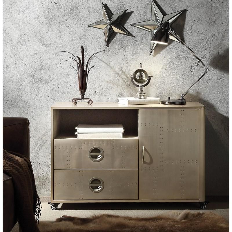 A dresser with two drawers and a door in a living room