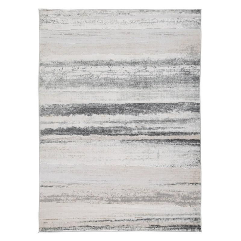 A rug with a gray and white striped pattern on a white background.