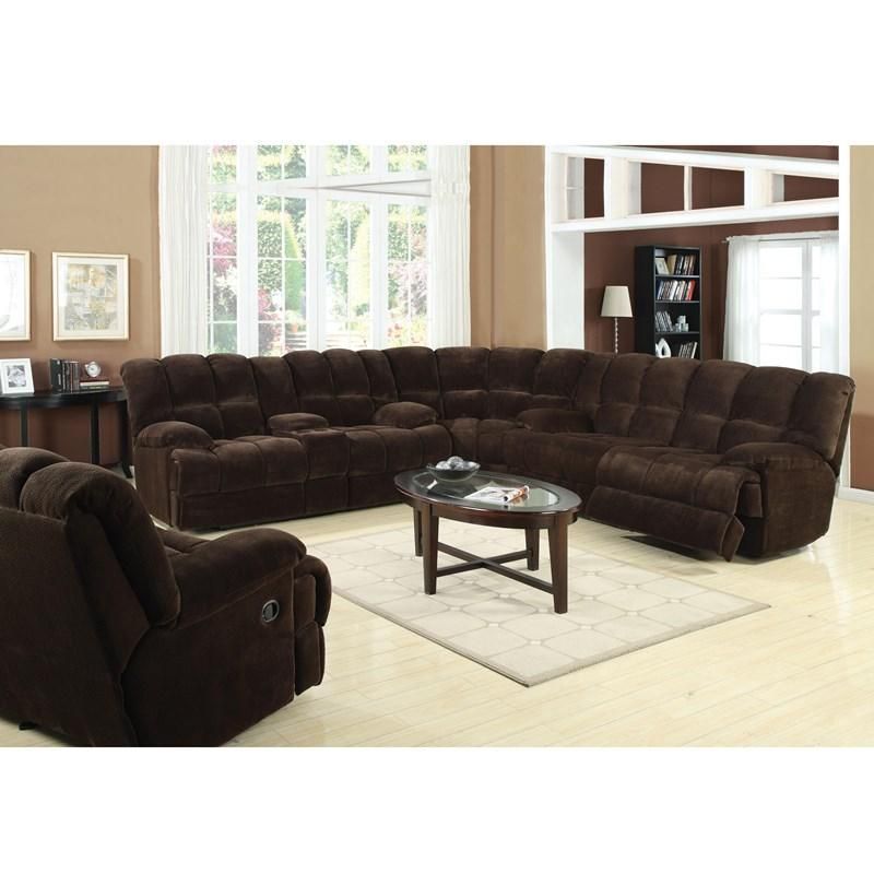 A living room with brown furniture and a coffee table