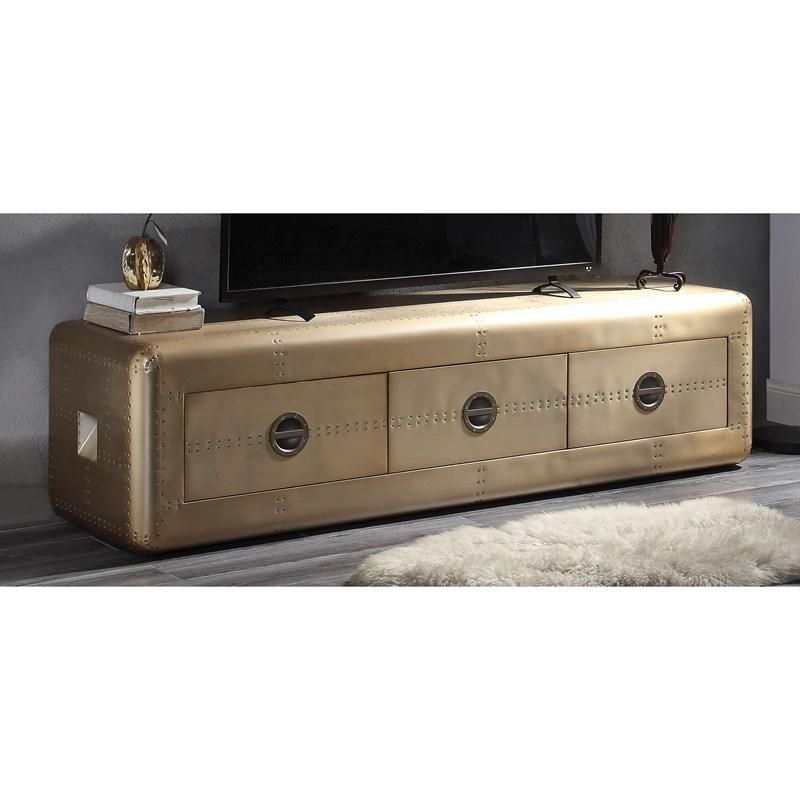 A tv stand with three drawers and a television on top of it.