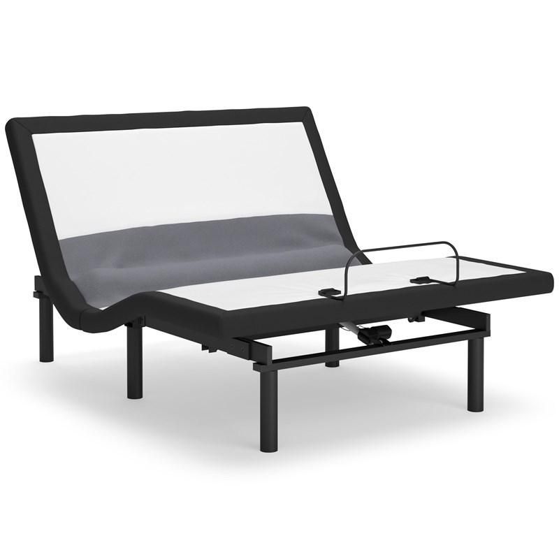 A black and white adjustable bed frame on a white background.
