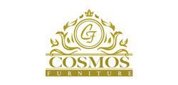 The logo for cosmos furniture is a gold logo with a crown on it.