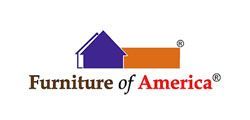 The furniture of america logo is blue and orange with a house on it.
