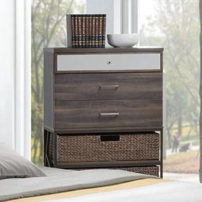 A bedroom with a dresser and wicker baskets