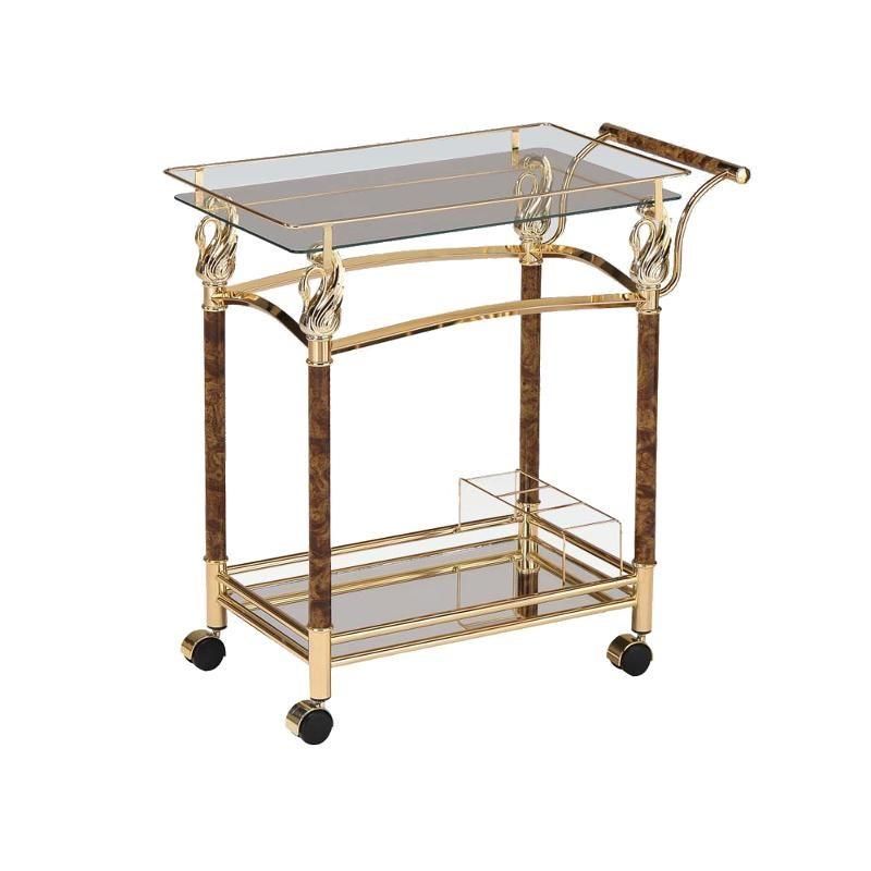 A gold bar cart with a clear glass top