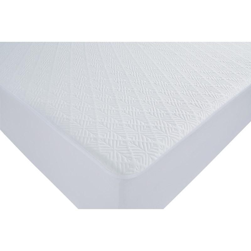A white mattress protector is sitting on top of a white bed.