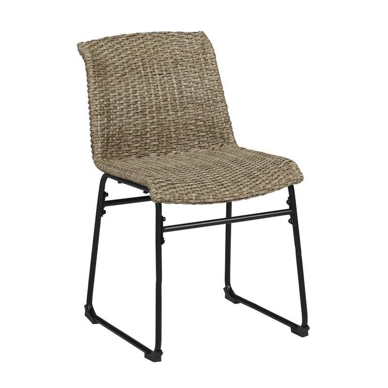 A wicker chair with a black frame on a white background.
