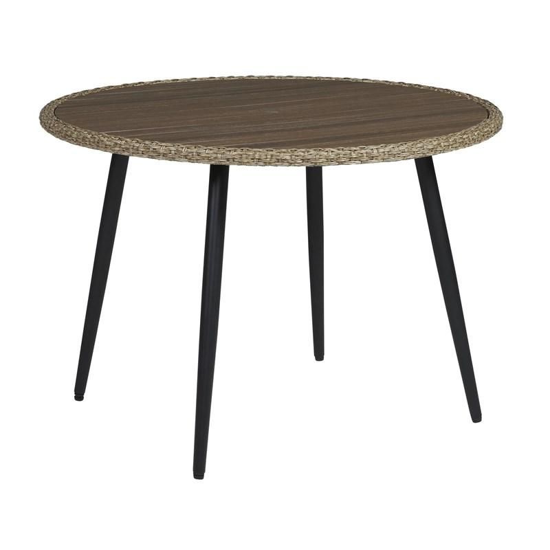 A round wooden table with black legs on a white background.