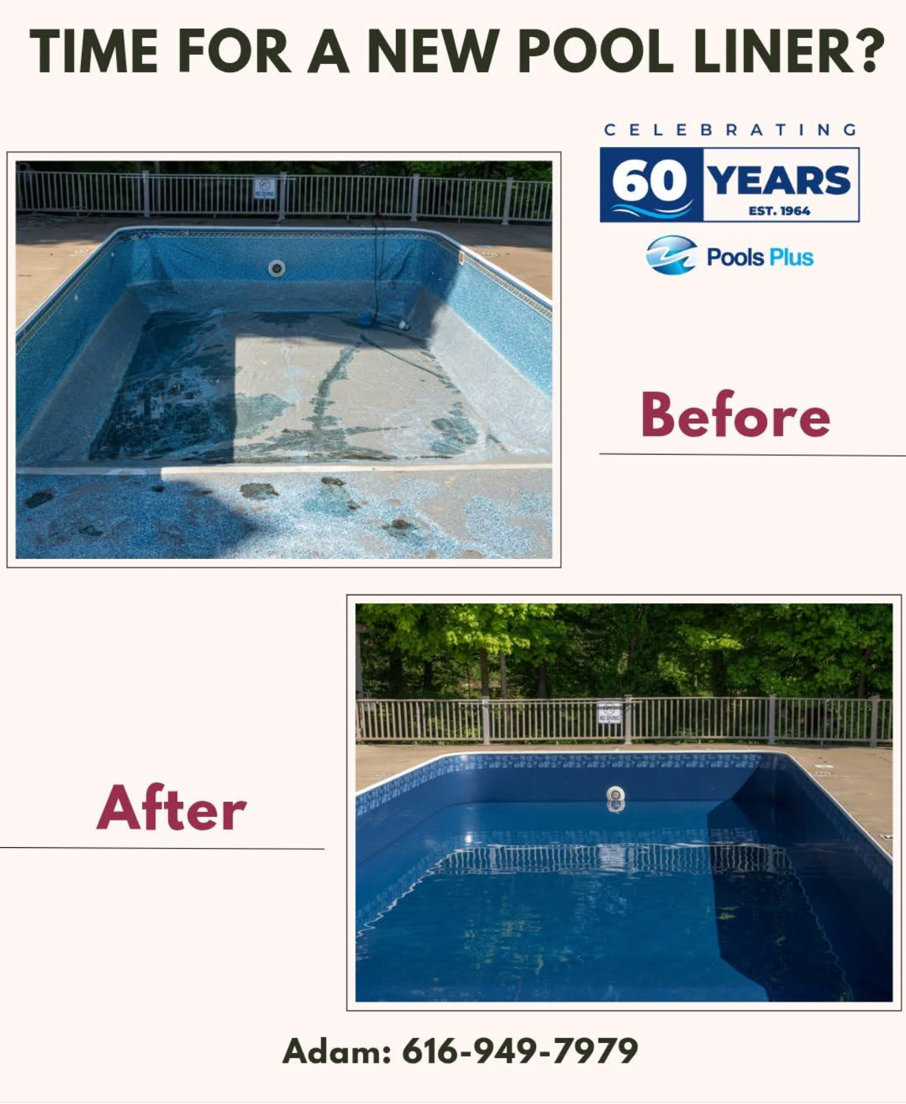 A before and after picture of a pool liner.