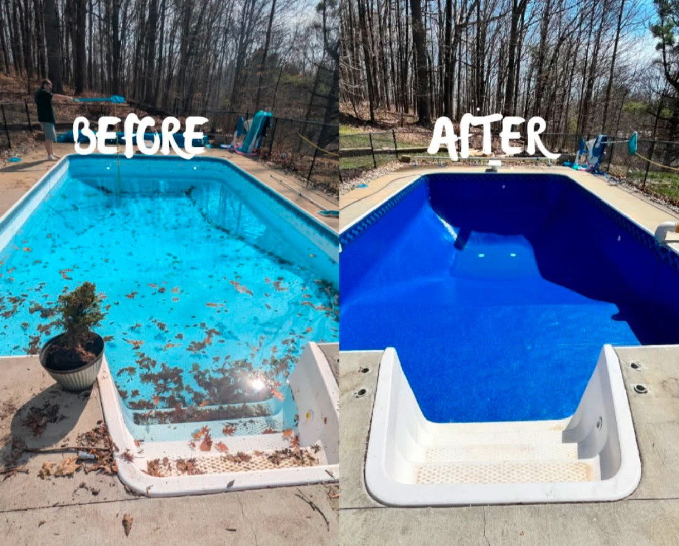 A before and after photo of a swimming pool.