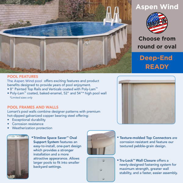 An Aspen Wind swimming pool advertisement featuring oval and round models, construction features, and technical details.