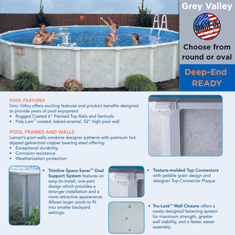 An advertisement for a Grey Valley above-ground pool, highlighting its design features, durable construction, and setup.
