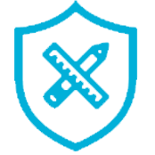 Blue shield with crossed ruler and pencil.