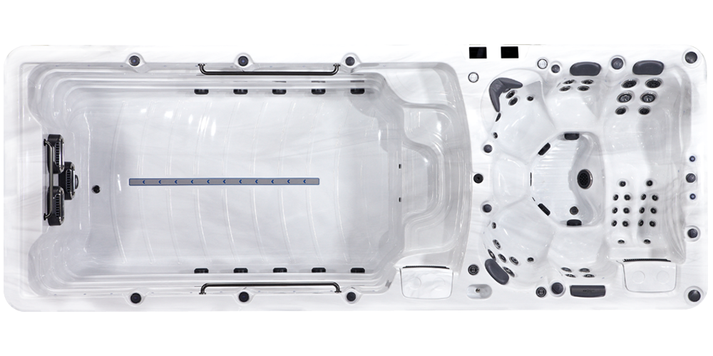 An overhead view of a white rectangular swim spa with a swimming lane on the left and a hydrotherapy seat area on the right.