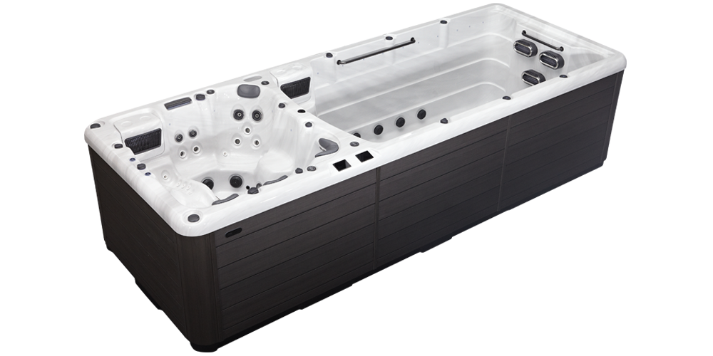 A rectangular dual-zone swim spa with a dark wood-look exterior, a white interior, and built-in hot tub seating and jets.
