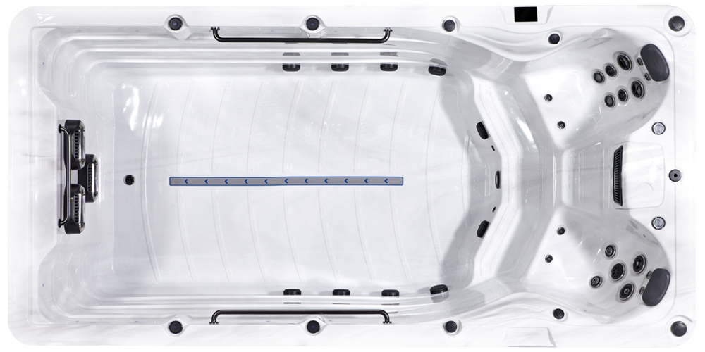 Top-down view of a white rectangular swim spa featuring built-in seating, water jets, and a central swim current nozzle.
