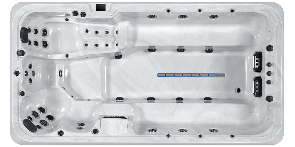 Top-down view of a rectangular swim spa with white shell, featuring a swimming lane and built-in hydrotherapy seating.