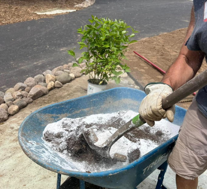 Worker shoveling white powder in a wheelbarrow outdoors near a potted plant and road