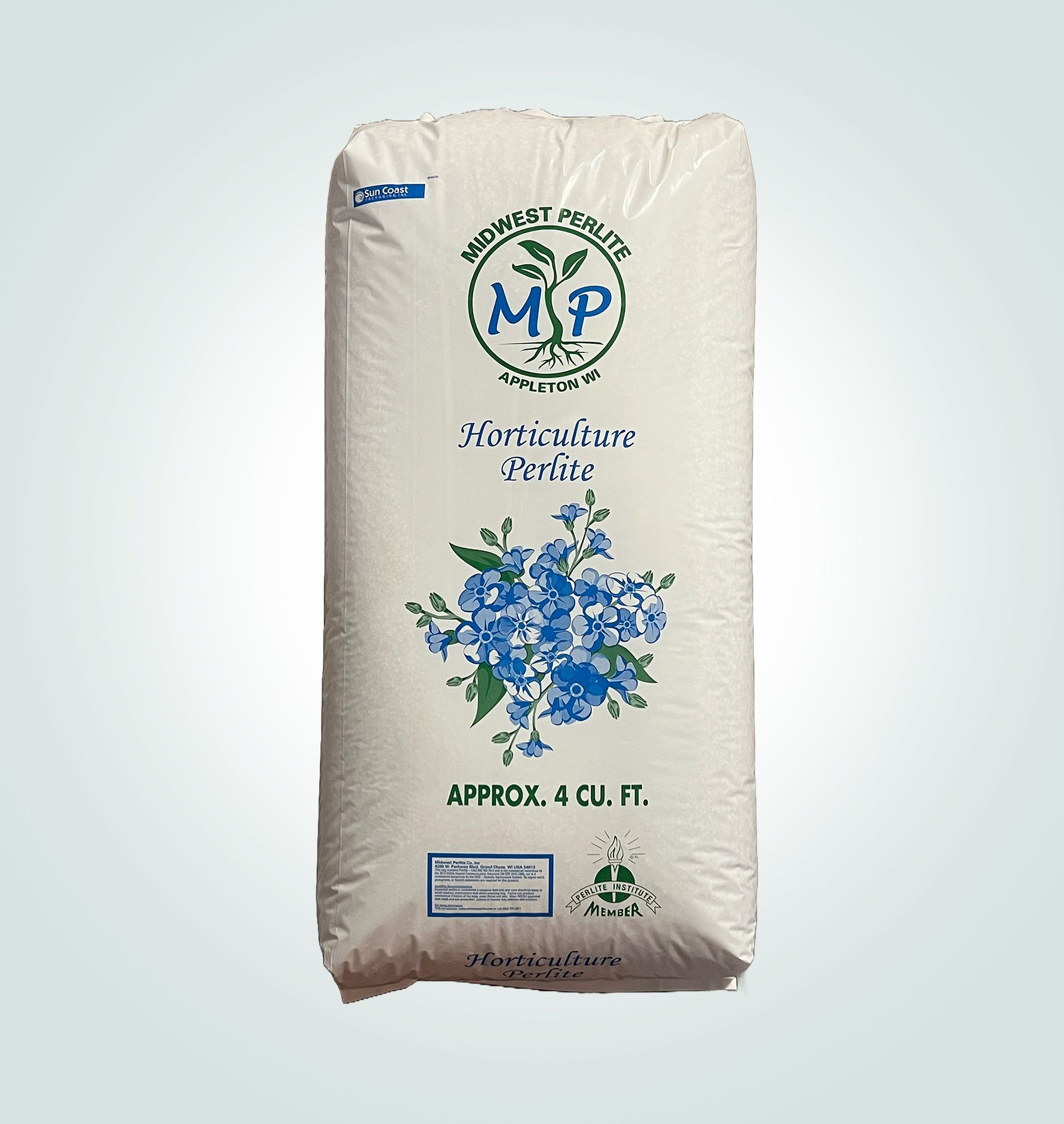 White bag of “M.P. Sunshine” floral product with blue flowers on a plain background