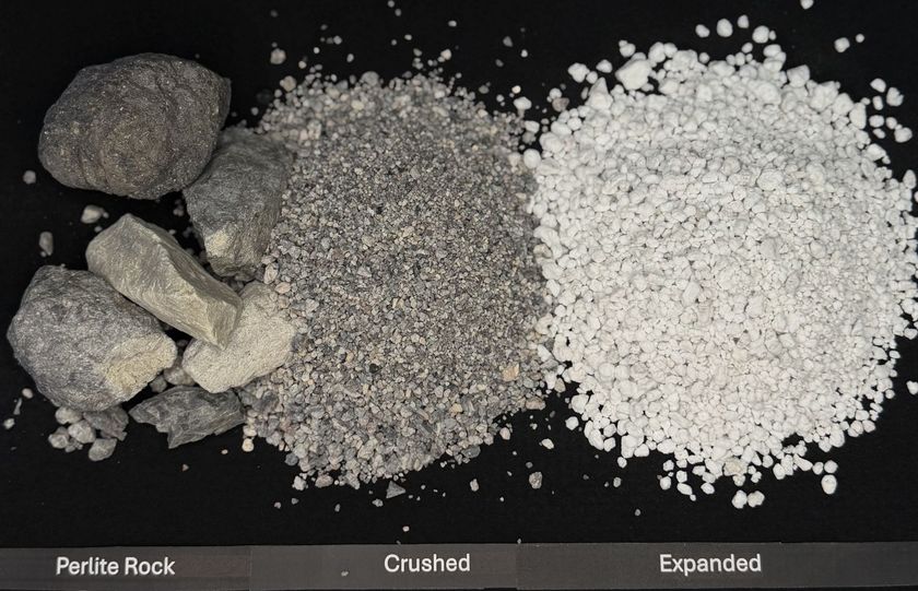 Three rock samples labeled perlite rock, crushed, and expanded on a black background