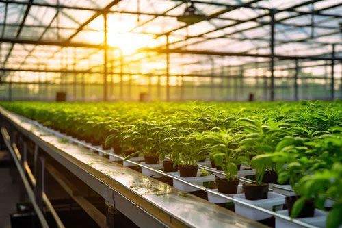 Sunlit greenhouse rows of young green plants in small pots on metal benches