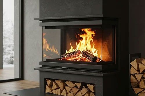 Modern black fireplace with bright flames and stacked firewood in a sleek living room