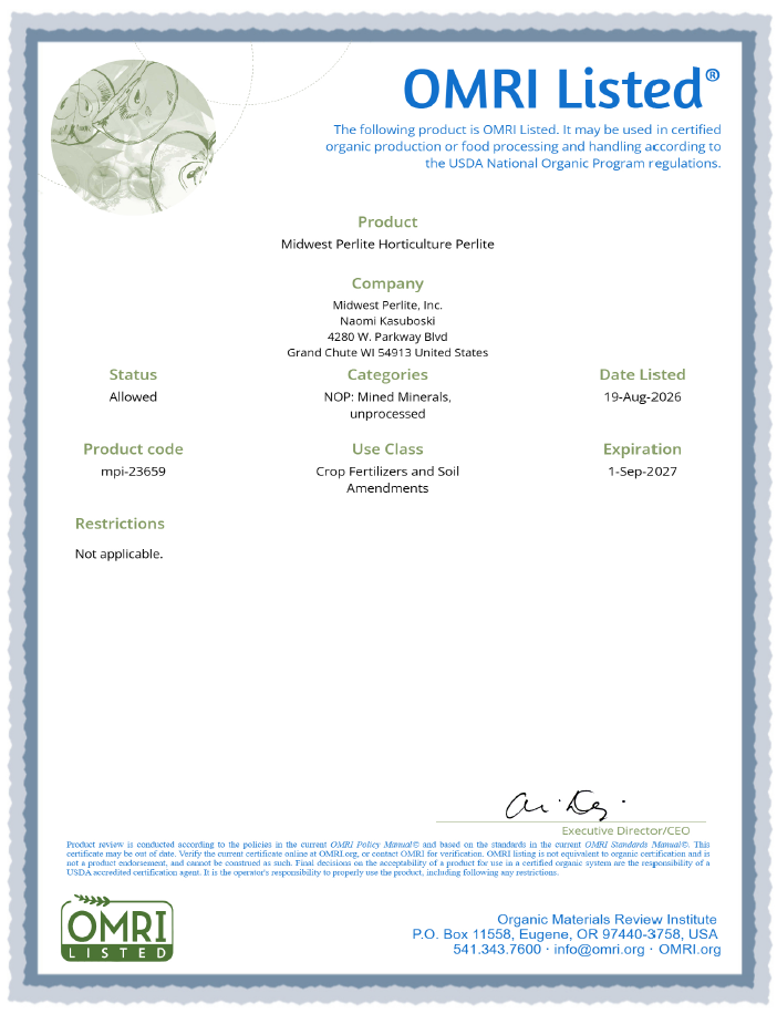 OMRI Listed certification certificate with blue border and green OMRI logo at the bottom.