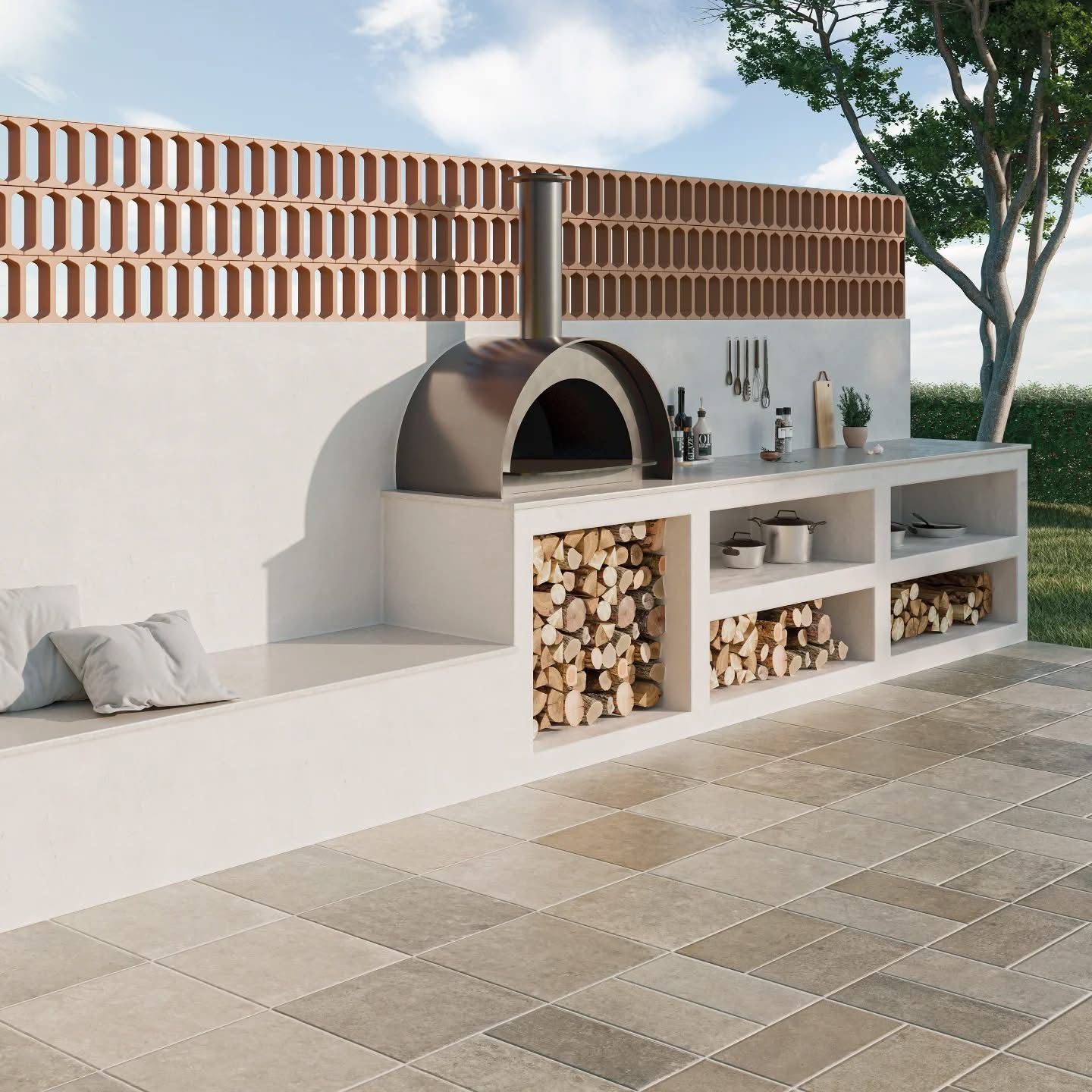 A brick wall with a pizza oven in the middle of it