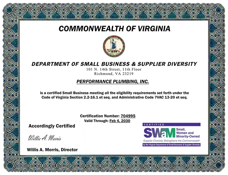 Virginia certification document for Willis A. Morris, Director, with teal decorative border
