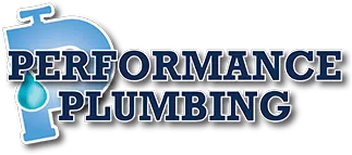 Performance Plumbing logo with blue pipe graphic and bold navy text