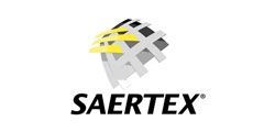 SAERTEX logo with gray and yellow geometric globe above black text
