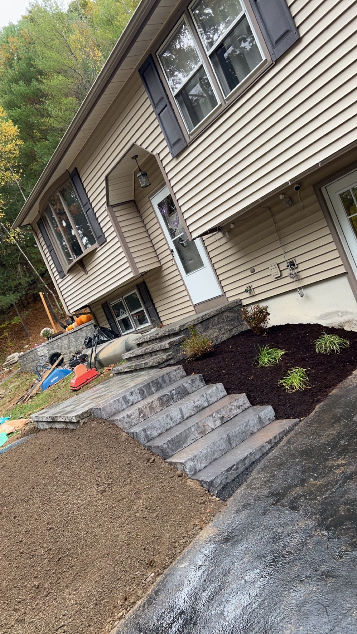 House with stone steps leading up to the front door, with mulch and plants in front.