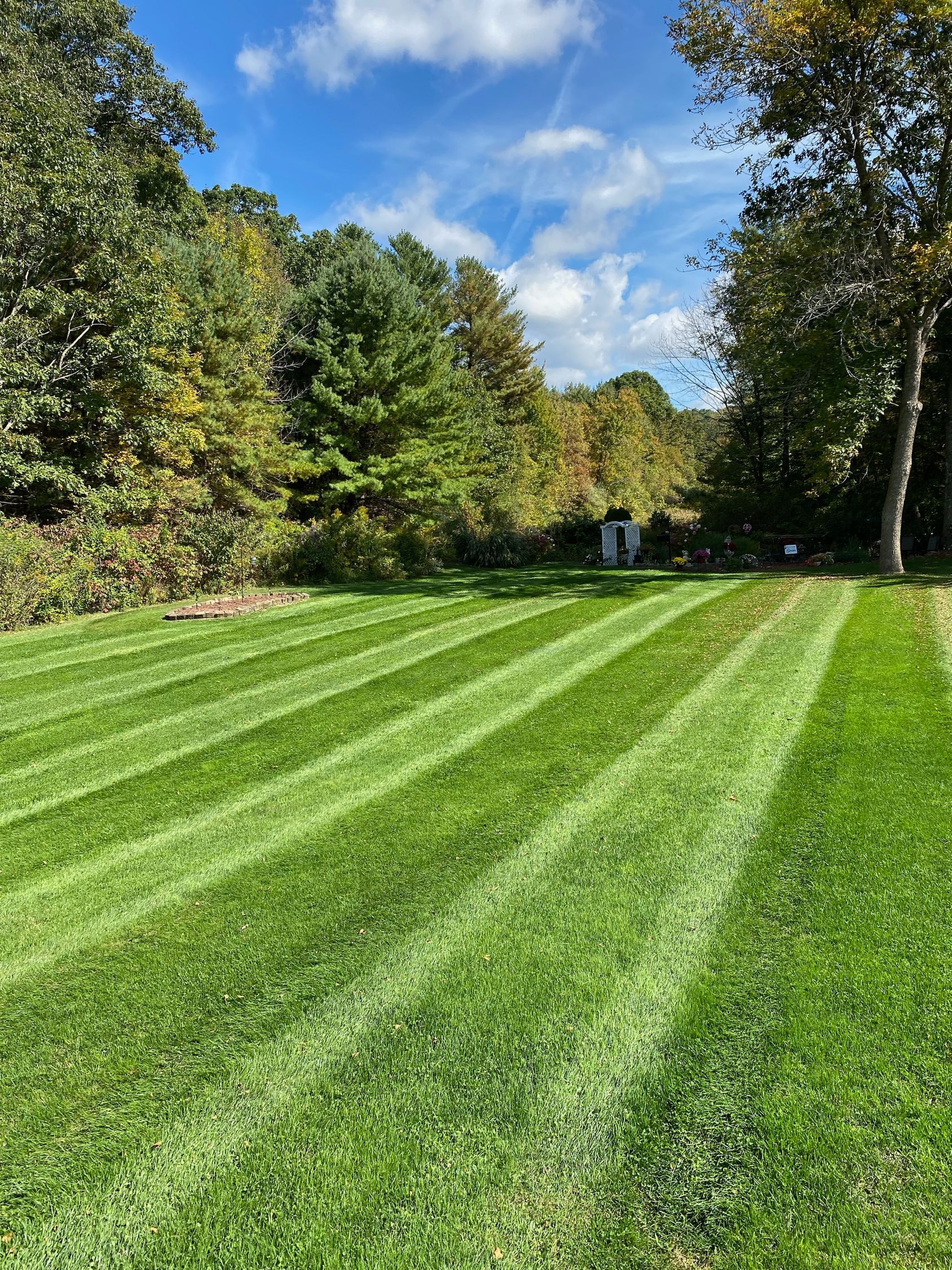 A well-manicured lawn leads to a two-story house with light siding, surrounded by green shrubs and trees.
