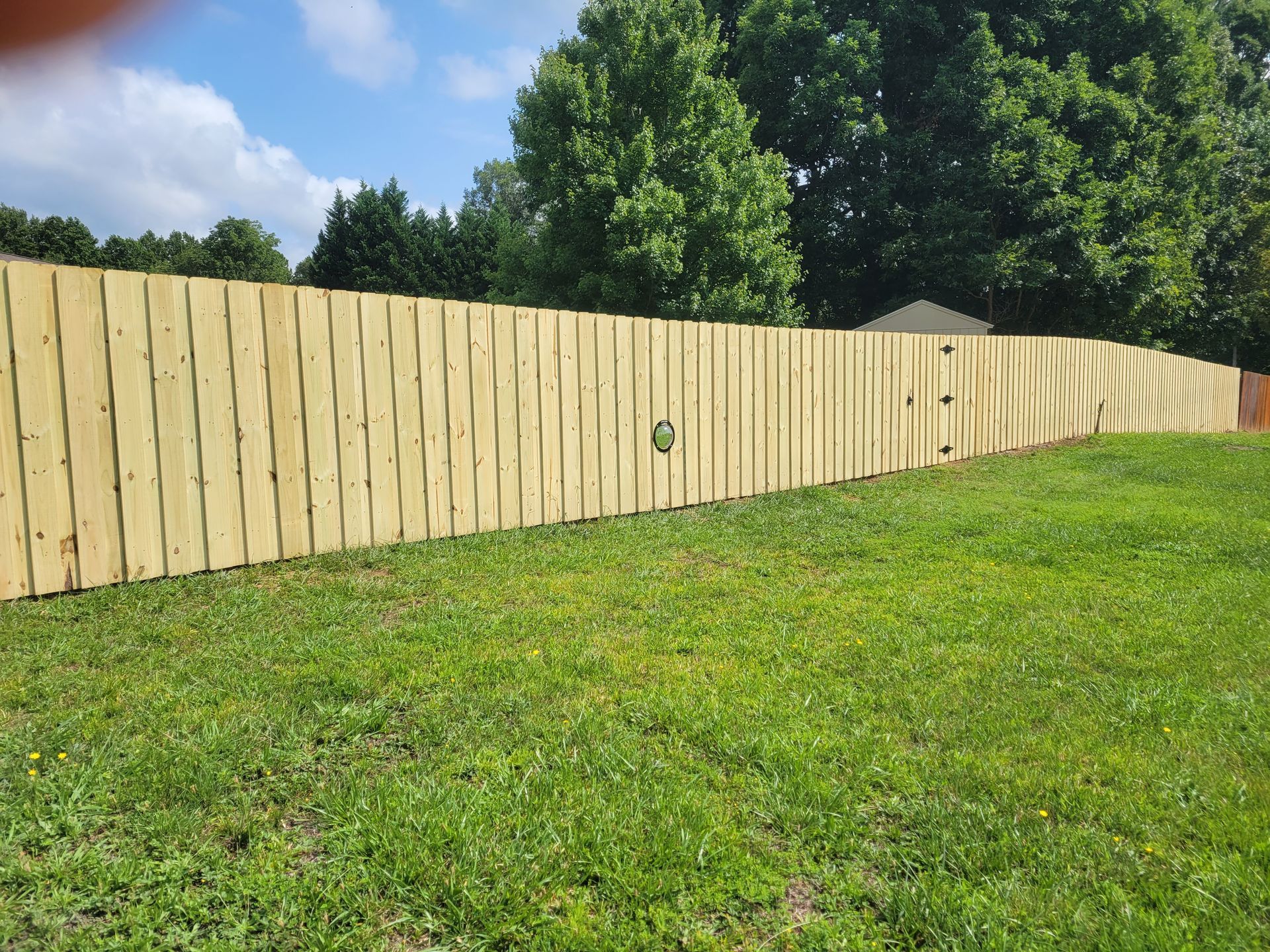 a wooden fence surrounds a lush green field
