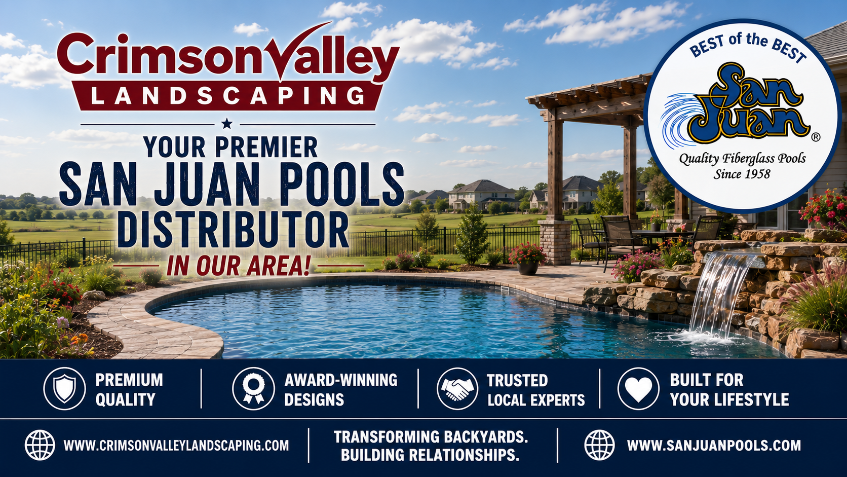 Crimson Valley Landscaping ad for San Juan Pools with pool and spa backyard patio scene