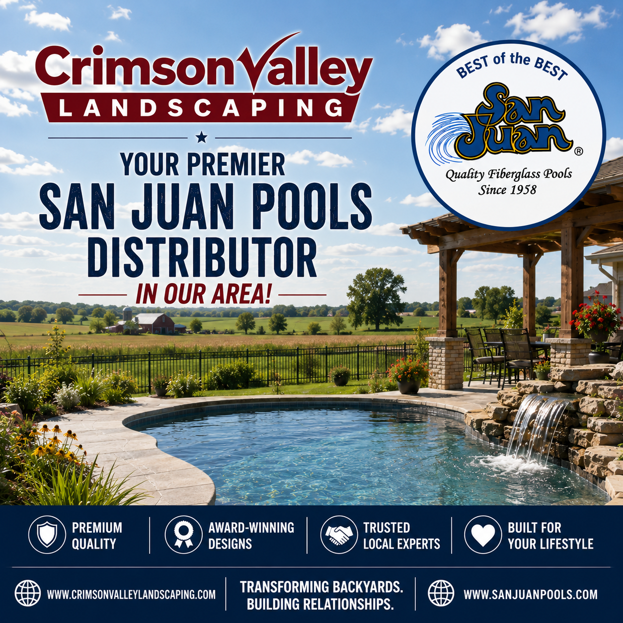 Crimson Valley Landscaping ad for San Juan Pools, with backyard pool and waterfall under a pergola.