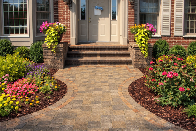A brick house entrance with a stone paver walkway, flanked by flower beds and two planters filled with vibrant flowers.