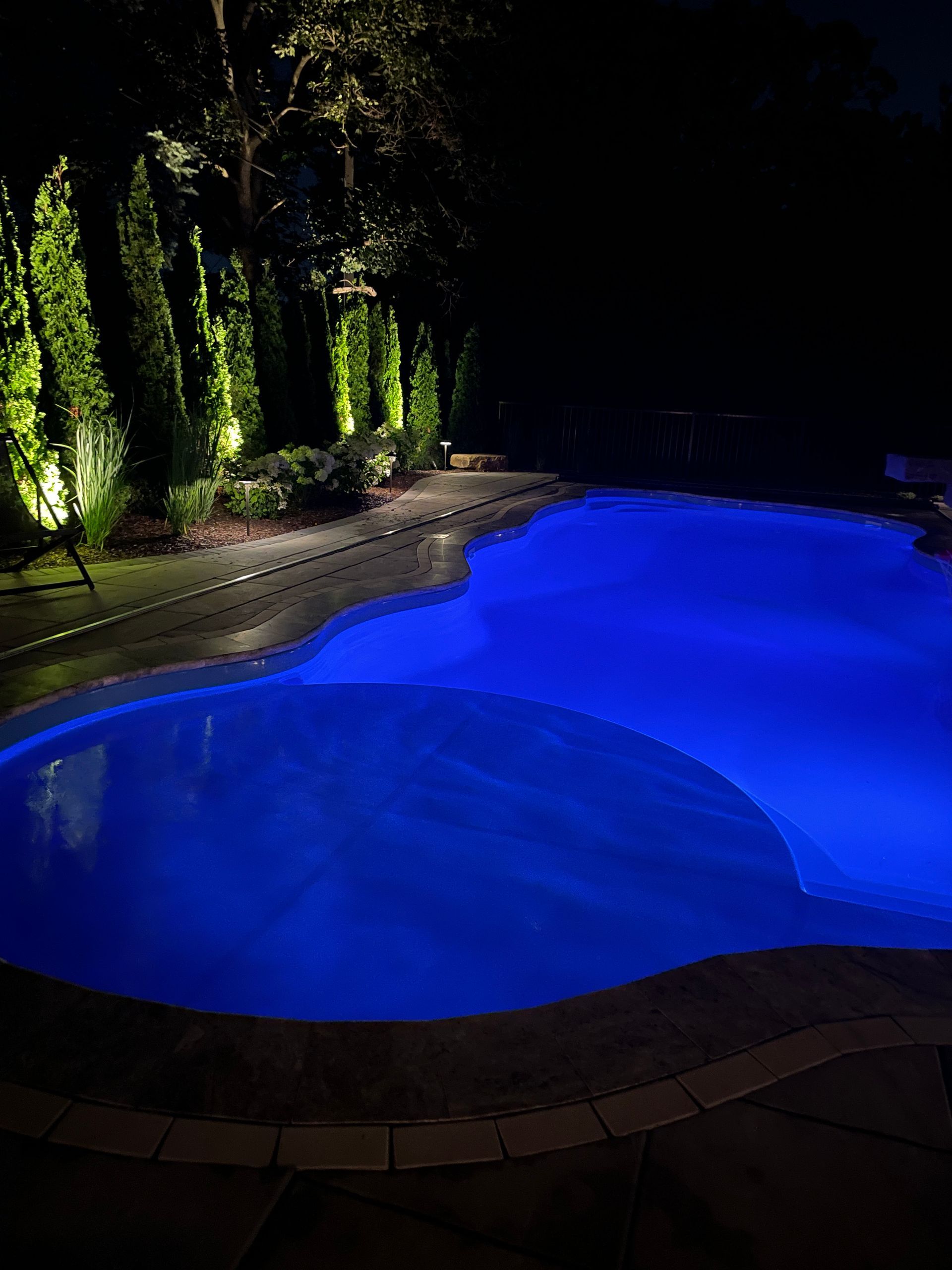 Pool at night, illuminated with blue lights.  Green foliage lit by spotlights on a dark evening.