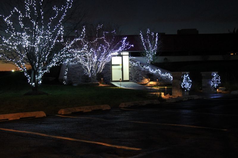 Night view of a building with bright white lights on trees and entrance. Parking lot in the foreground.