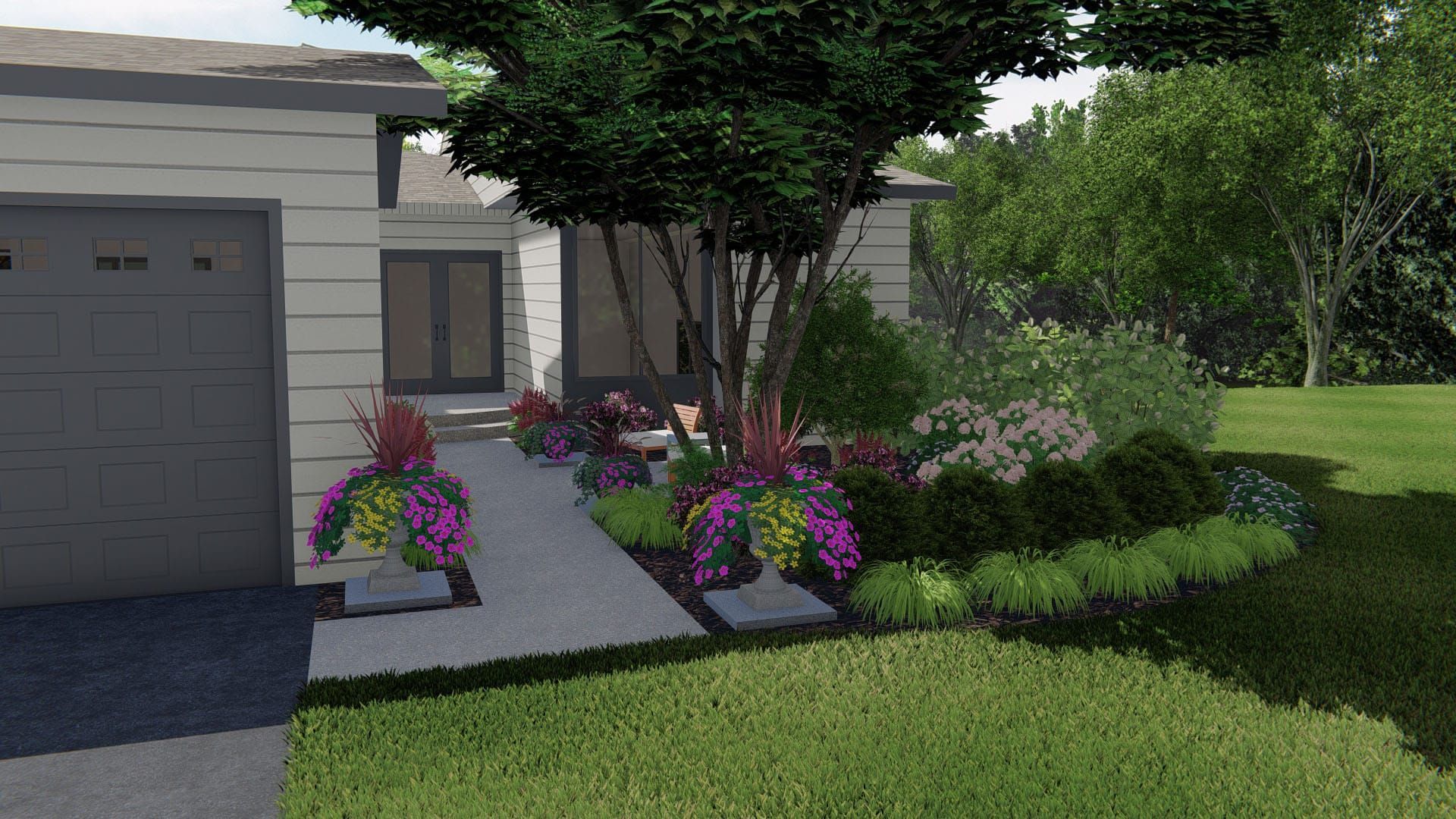 Front yard landscaping of a house with colorful flower beds, a walkway, and a garage.