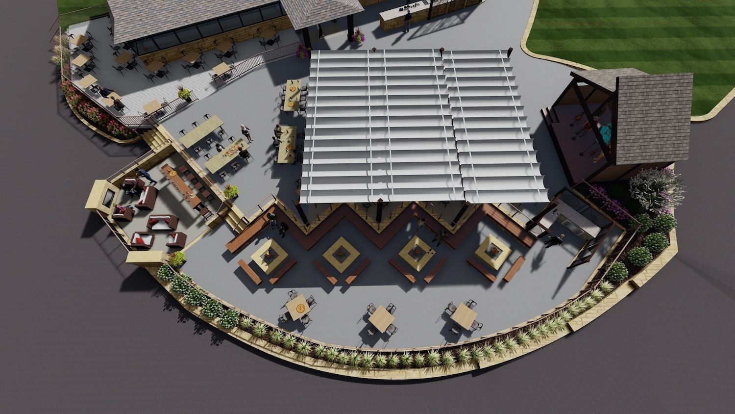 Overhead view of outdoor restaurant patio with seating, landscaping, and covered dining area.
