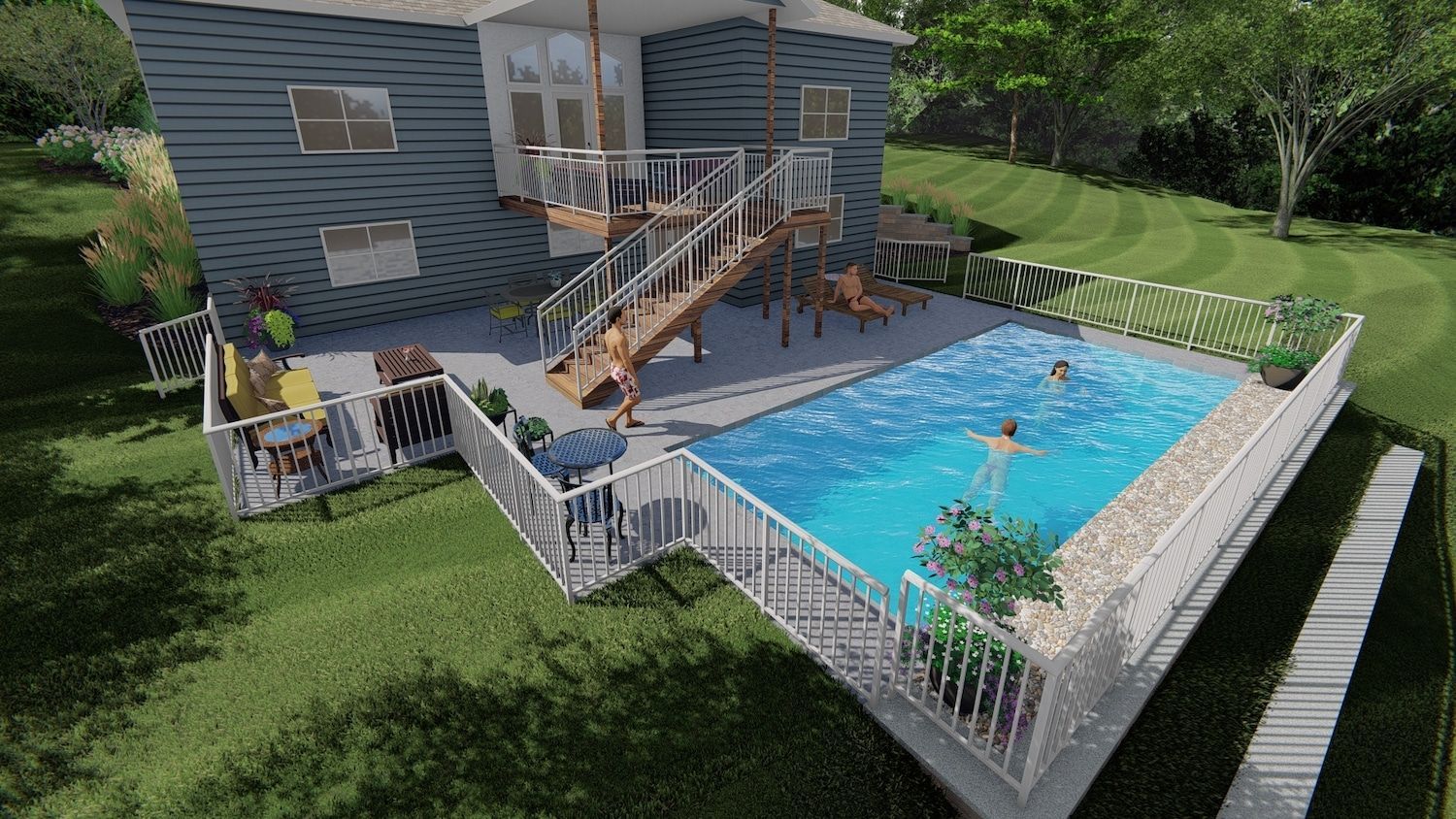 A swimming pool and deck attached to a house with stairs. Two people swim in the pool.