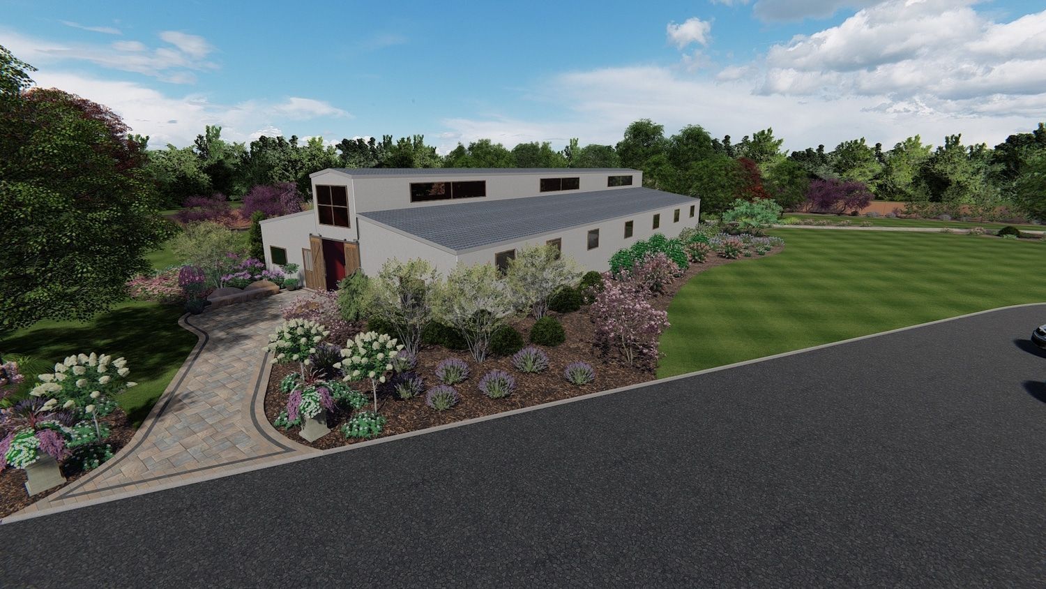 Modern house with flat roof, long rectangular shape, surrounded by landscaping, gravel driveway, and a grassy lawn.