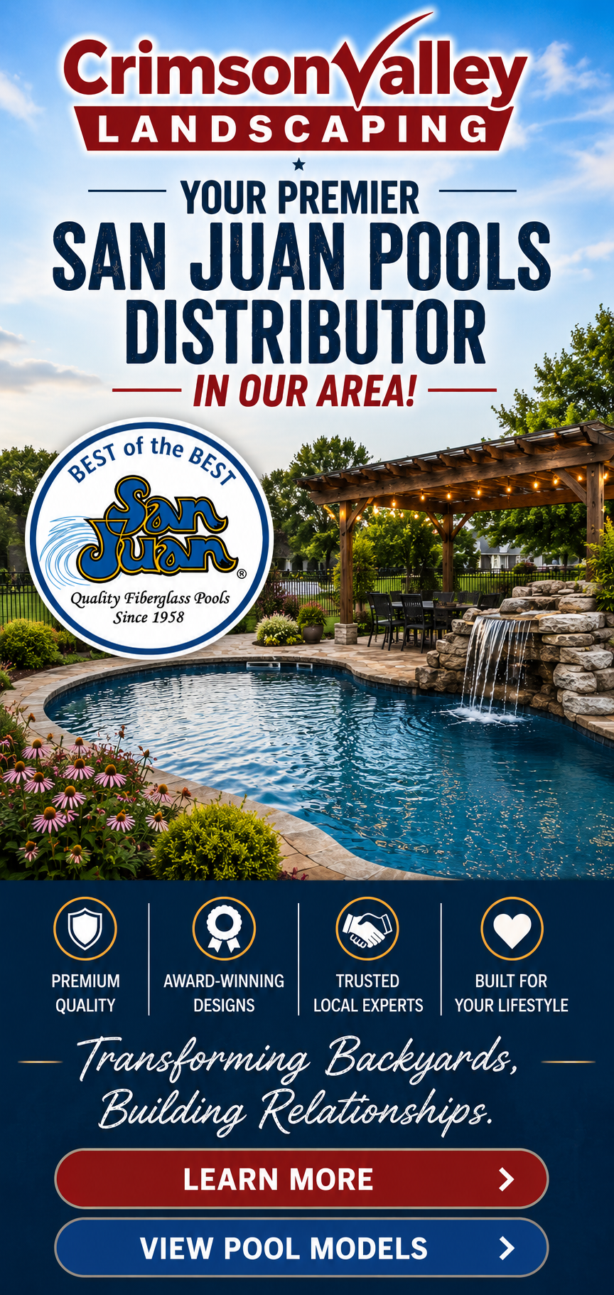 Crimson Valley Landscape ad for San Juan Pools, with a lit backyard pool